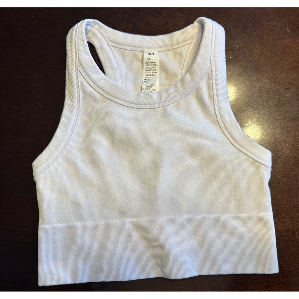 Alo Yoga Tank Top Womens Small White Seamless Ribbed Crop Racerback Athleisure